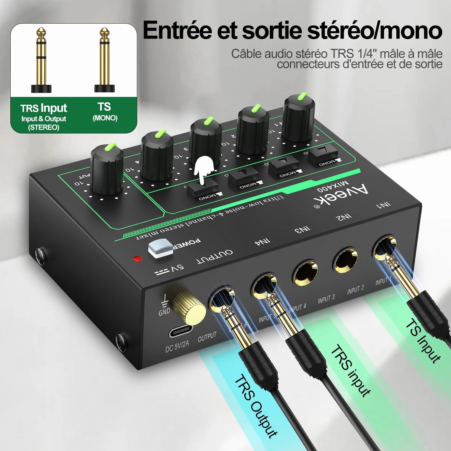 Aveek Mini Line Mélangeur audio 4 canaux stéréo/mono entrée/sortie TRS 6,35 mm