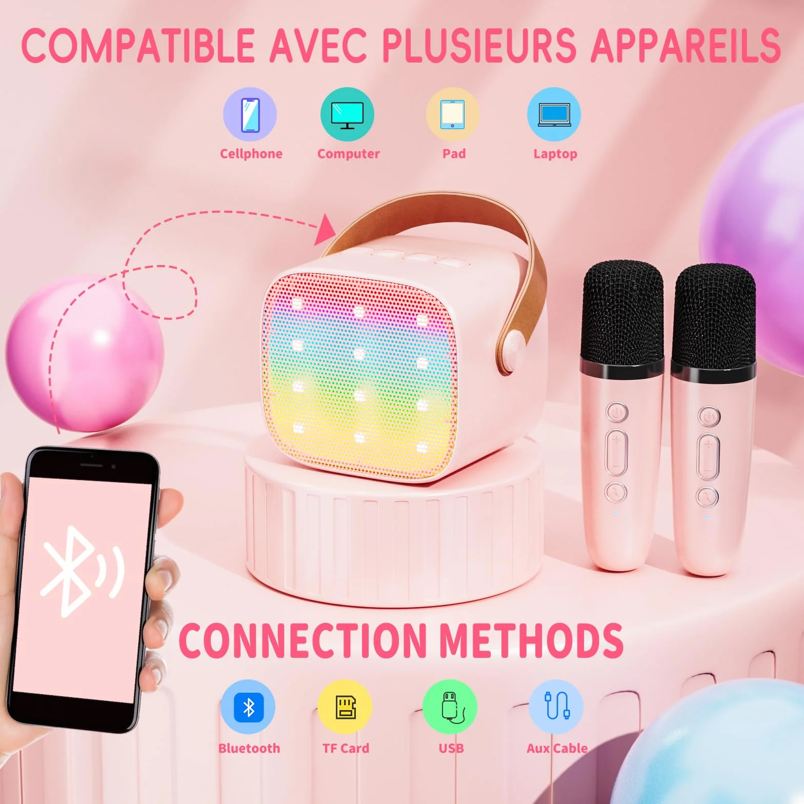 Ankuka Karaoke Enfants avec 2 Micro sans Fil Portable, Voix Change LED Lumière HiFi Mini Microphone Rose