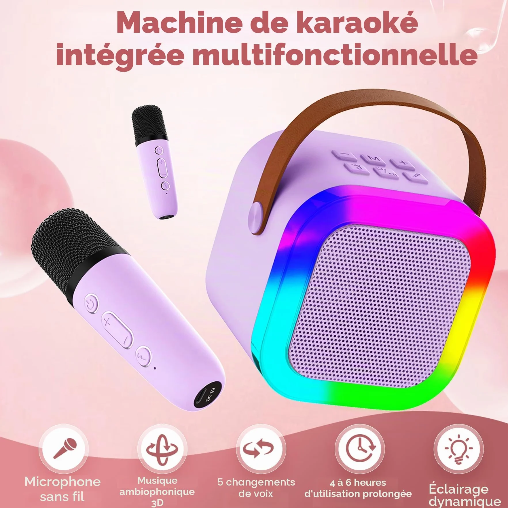 Mini Machine de Karaoké pour Enfants et Adultes avec 2 Microphones sans Fil, Cadeau Anniversaire Filles 6-12 Ans, Violet