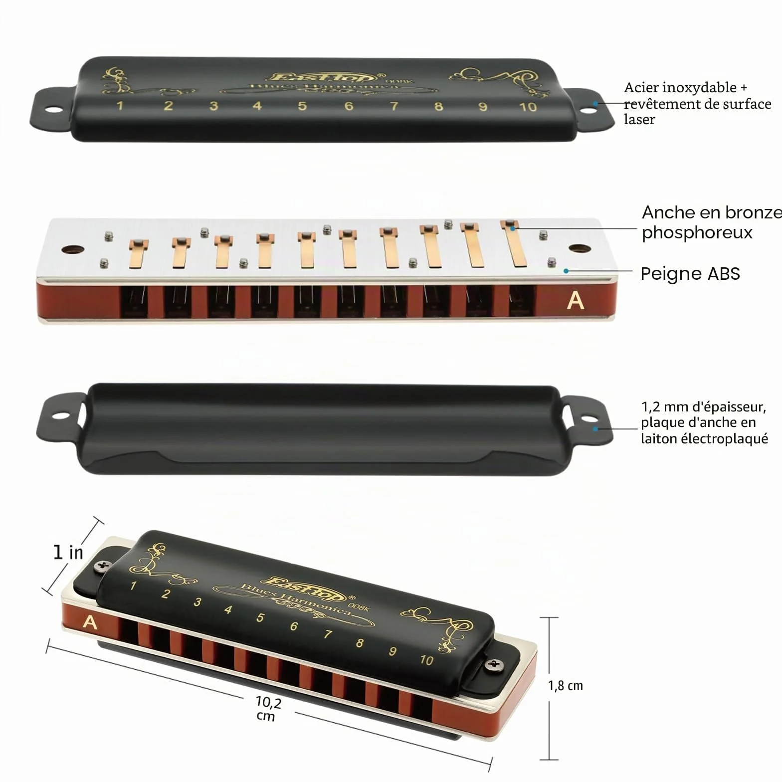 East top Harmonica diatonique en A 10 trous 20 tons T008K avec étui noir