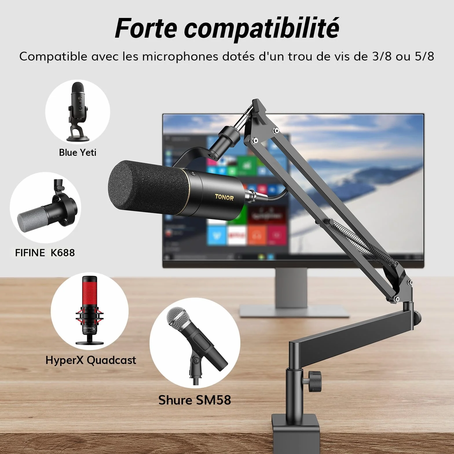 TONOR Bras de Microphone T20LP, Entièrement Ajustable 360° Rotatif 90° Pliable, 38 cm +35 cm, Noir