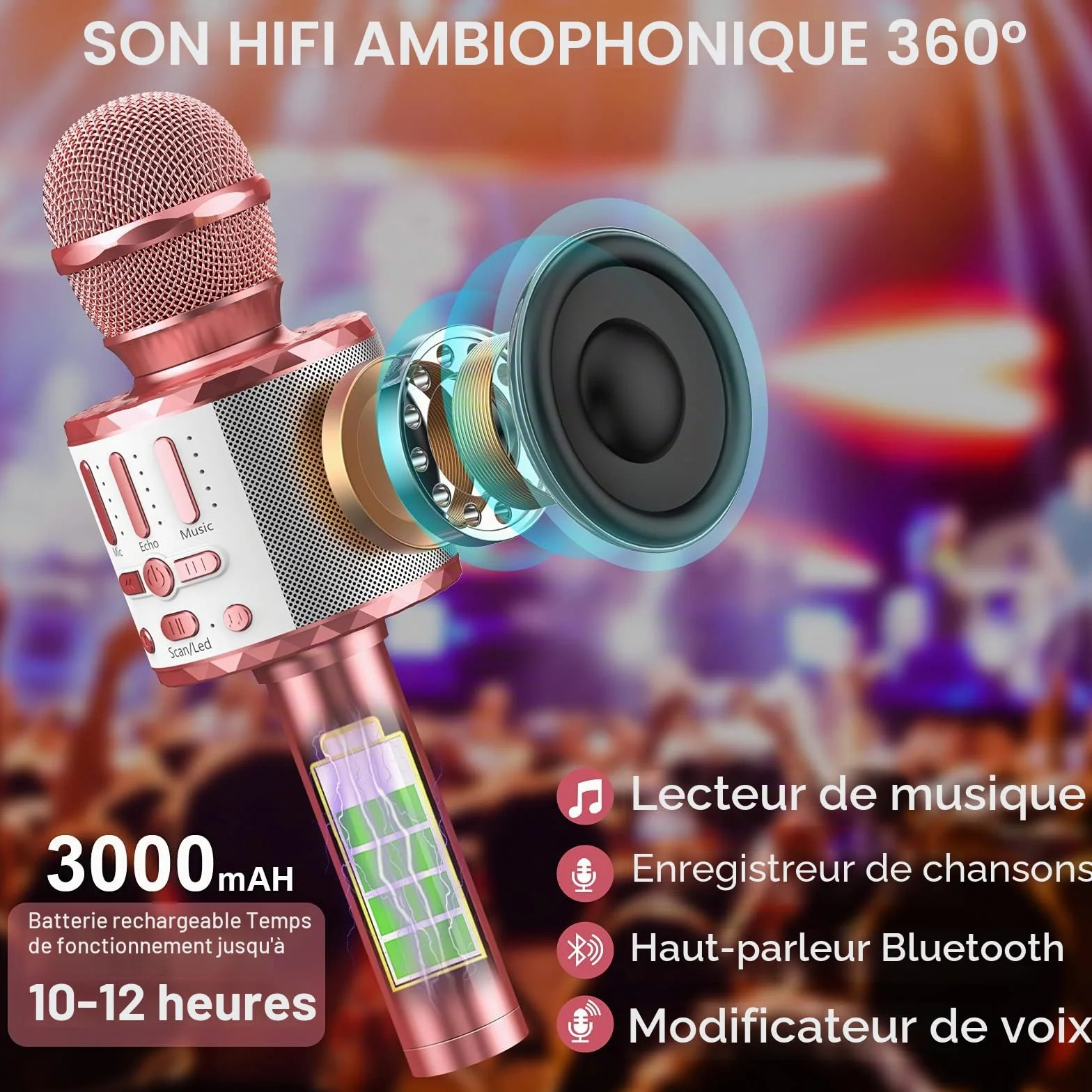 Microphone Sans Fil Bluetooth Portable Karaoké Micro Haut-Parleur avec Lumière pour Enfants Adultes