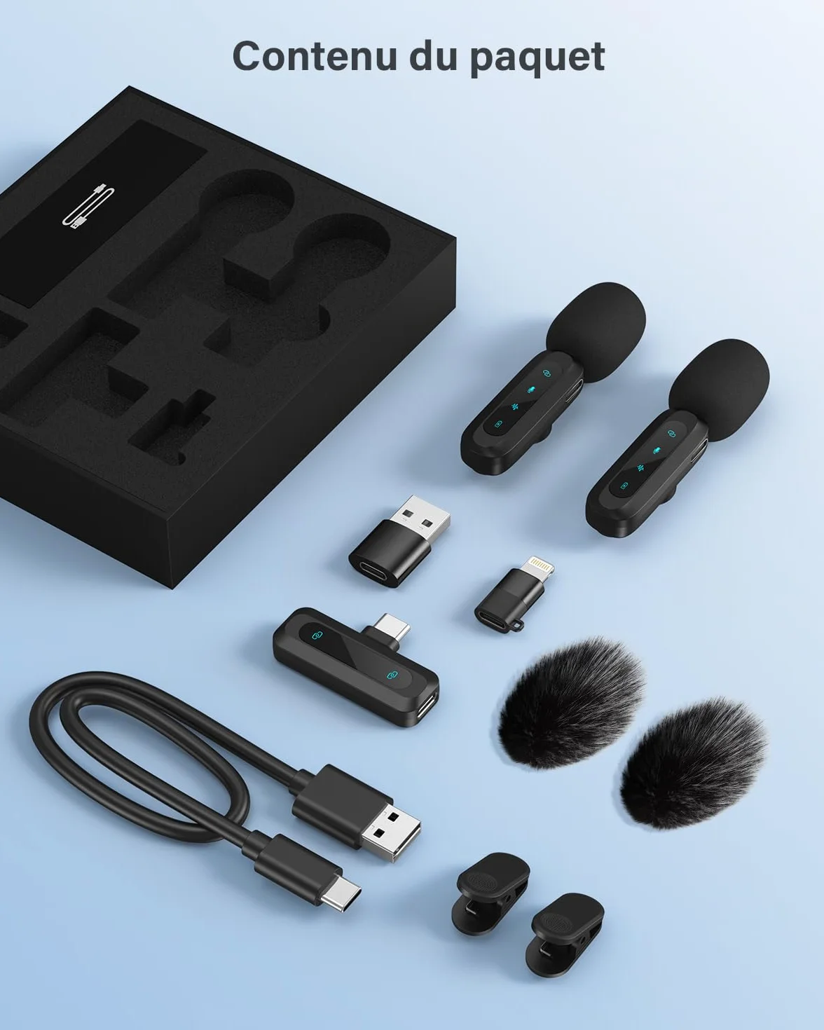 Microphone Lavalier sans Fil 2-Pack pour iPhone iPad Android avec Réduction du Bruit