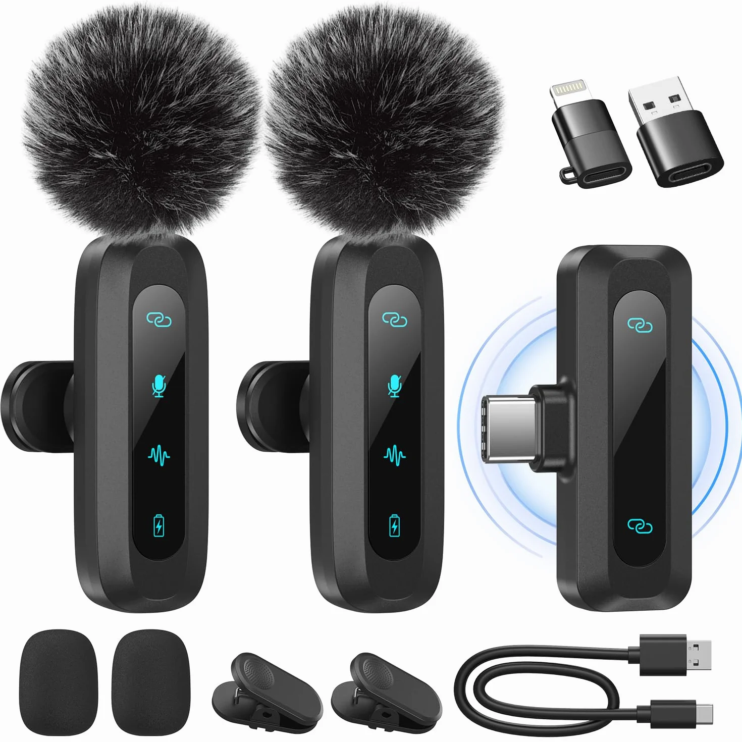 Microphone Lavalier sans Fil 2-Pack pour iPhone iPad Android avec Réduction du Bruit