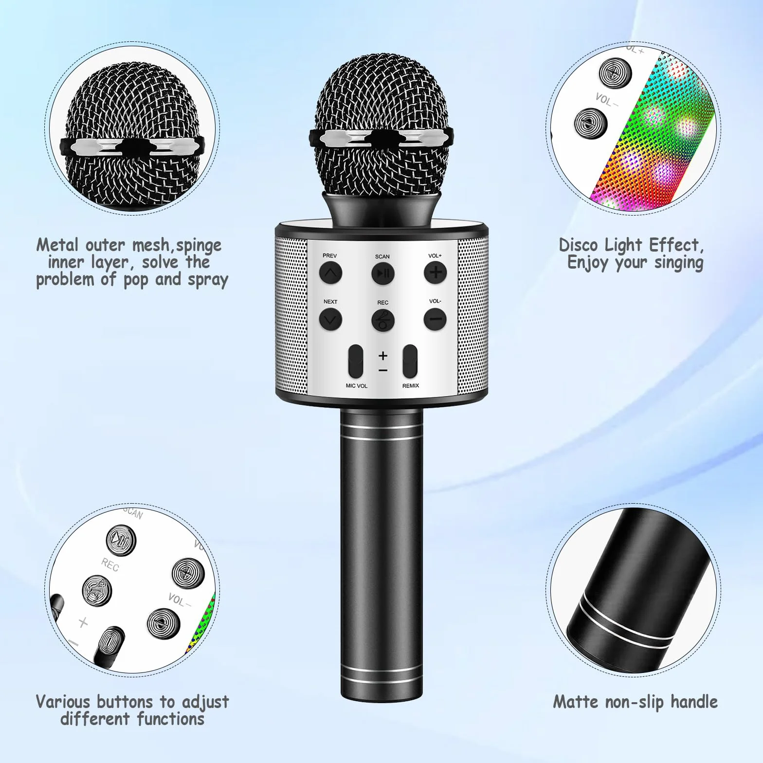 Microphone Karaoké sans Fil Bluetooth LED Multicolore pour Enfants Adultes Chanter Fête Anniversaire Cadeau Noir