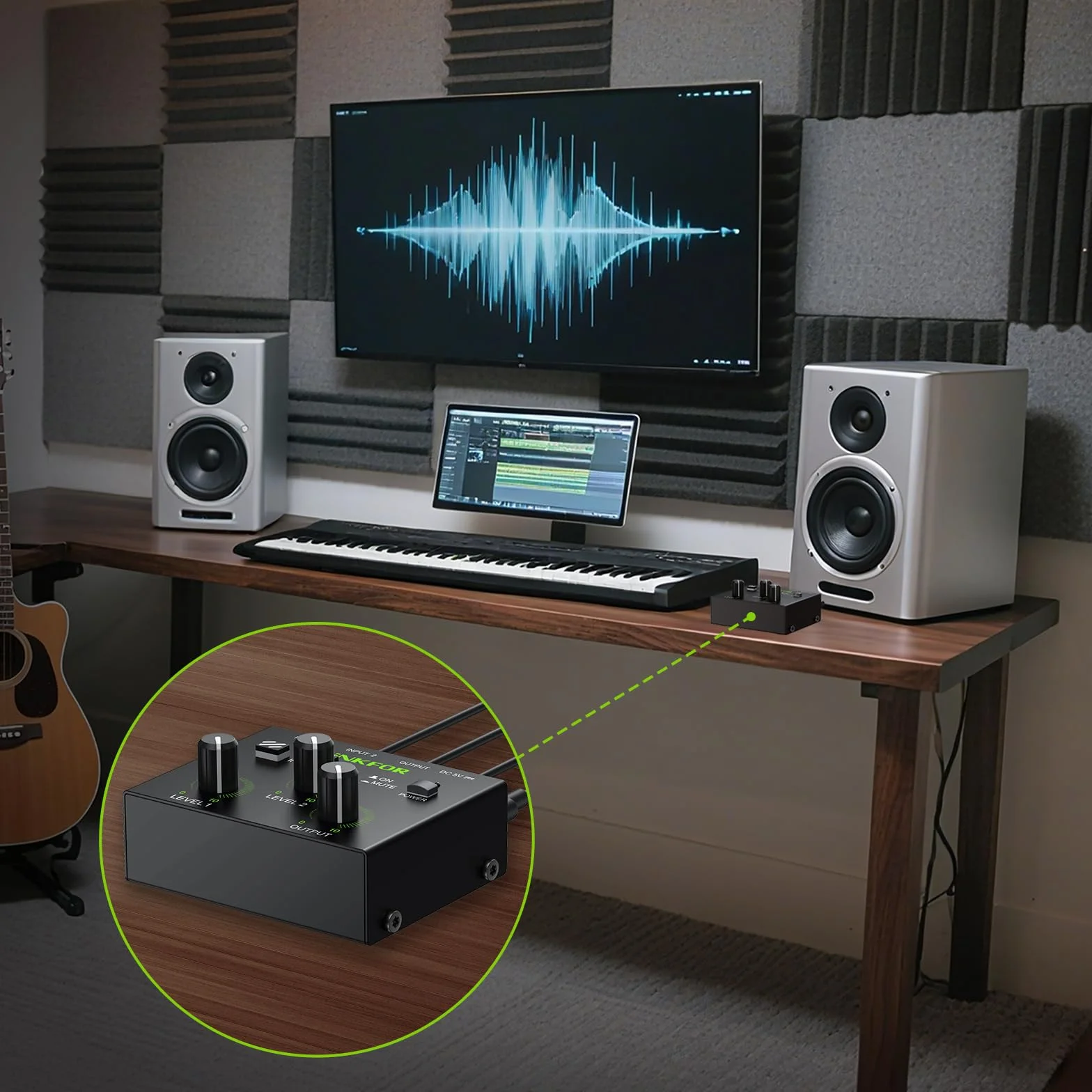 LiNKFOR Mixer Stéréo 3.5mm 2 Canaux Préamplificateur Table de Mixage Mini avec Contrôle Volume