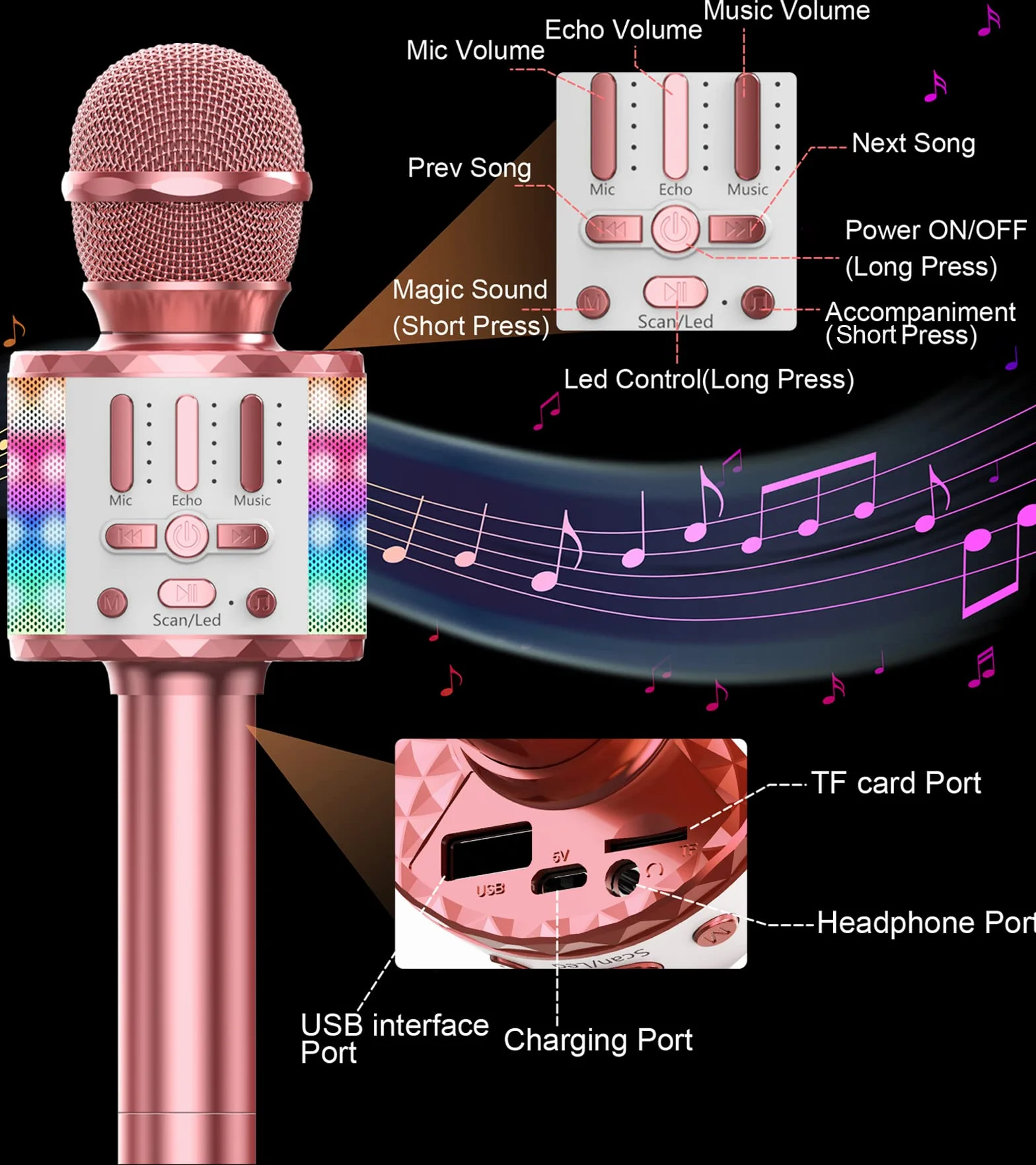 Micros sans Fil Karaoké Bluetooth avec Lumière Scène, Haut-Parleur Portable pour Fête Chanter Disco KTV