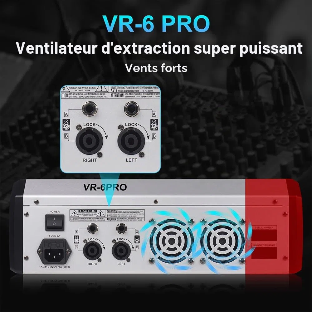 VR-6 PRO Table de mixage audio - Amplificateur de sortie haute puissance 550W x 2, 99 effets DSP, Console DJ audio Bluetooth, Grand écran spectre affichage, Tuner DJ à réduction intelligente