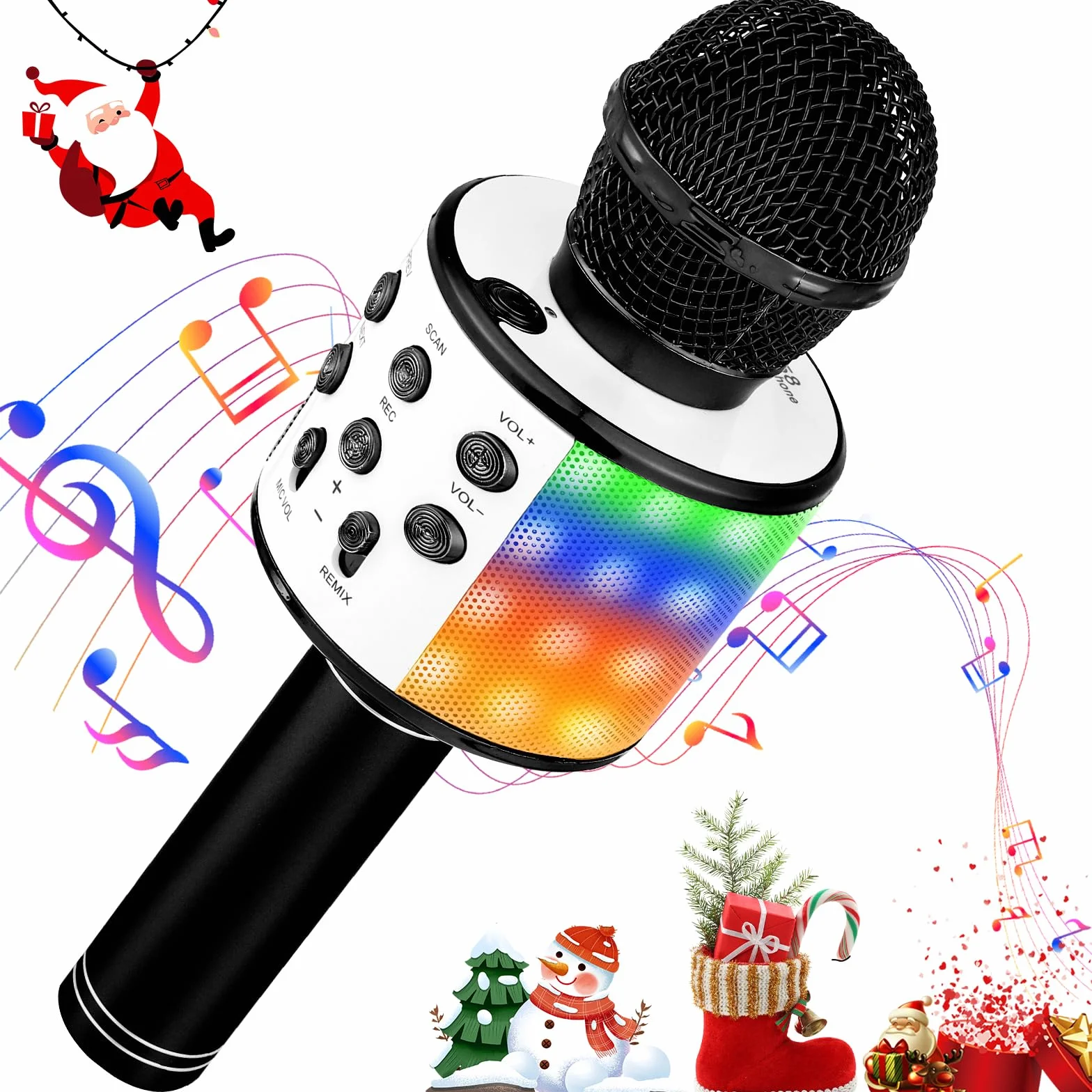 Microphone Karaoké sans Fil Bluetooth LED Multicolore pour Enfants Adultes Chanter Fête Anniversaire Cadeau Noir