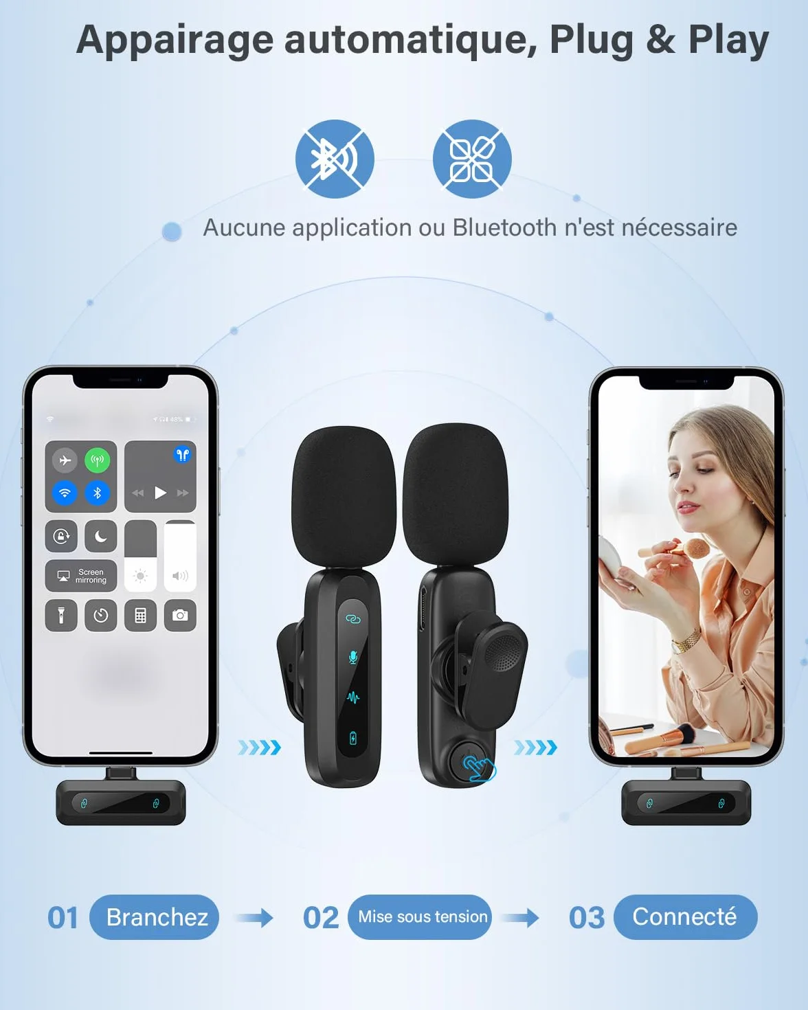 Microphone Lavalier sans Fil 2-Pack pour iPhone iPad Android avec Réduction du Bruit