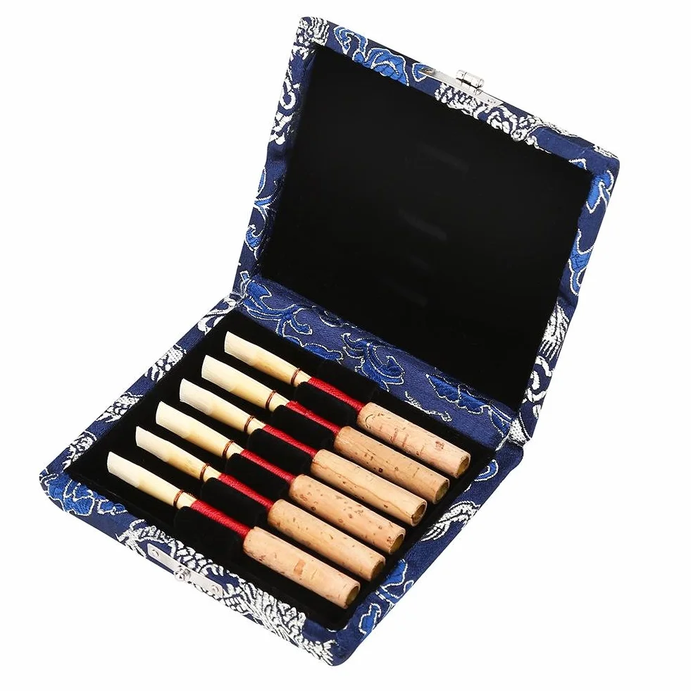 Etui pour anche hautbois en bois d'érable + tissu de soie, boîte de rangement pour 6 anches, bleu