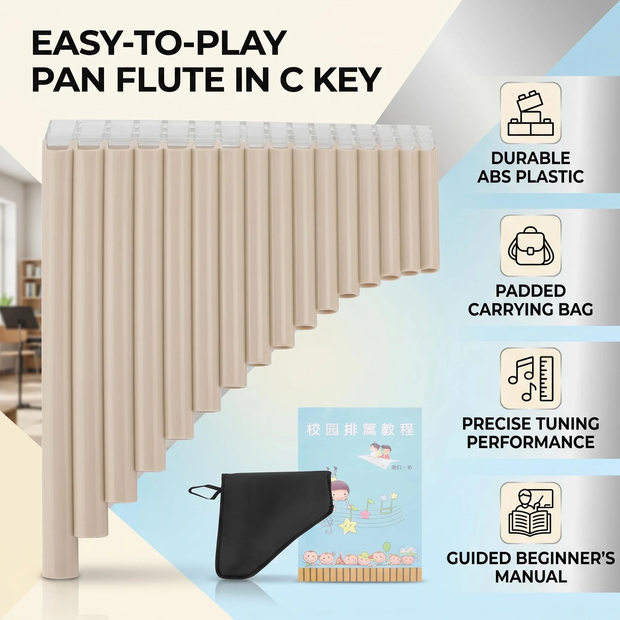 Flûte de Pan ABS 16-Tone Tube C Instruments de Musique avec Sac Rembourré pour Enfants Adultes Débutants
