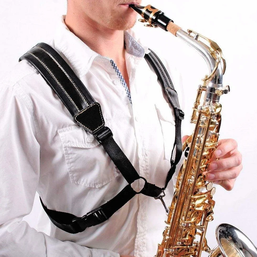Rayzm Sangle de Saxophone, Universelle Double Bandoulière en Cuir pour Sax Alto Ténor Soprano