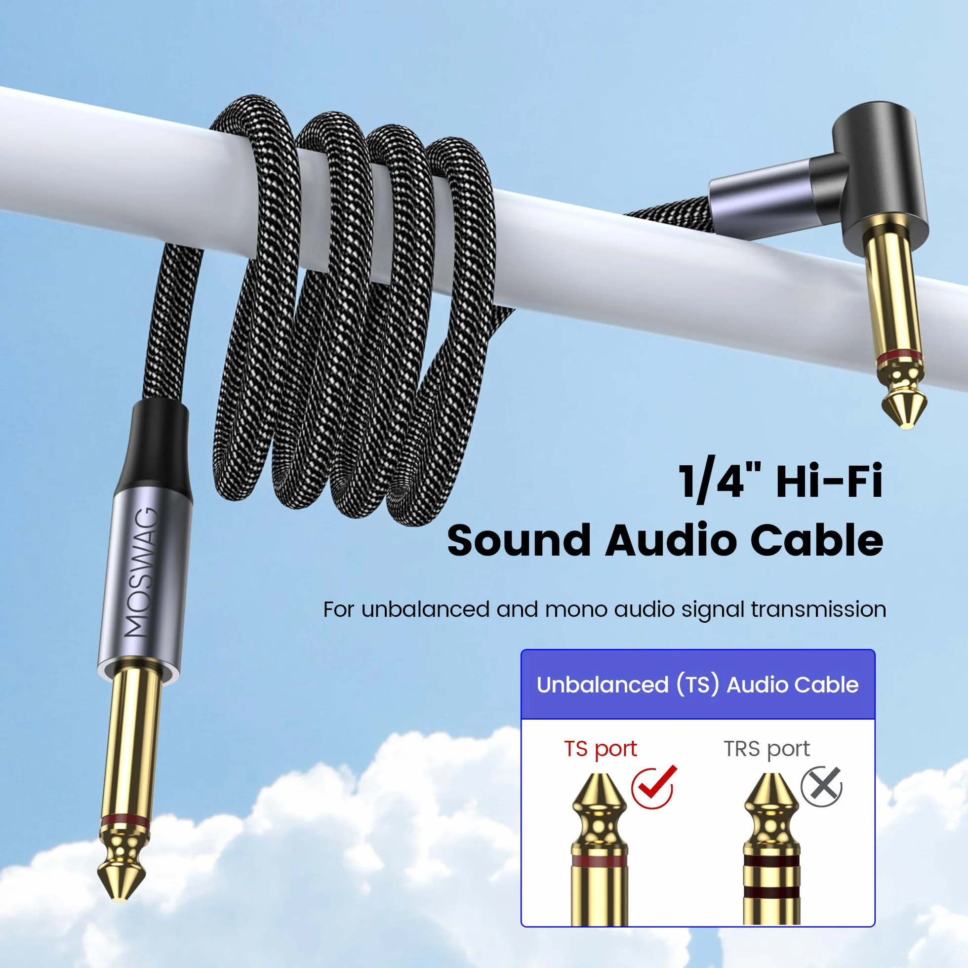 Câble Instrument 3m Jack Coudé pour Guitare Électrique et Basse MOSWAG