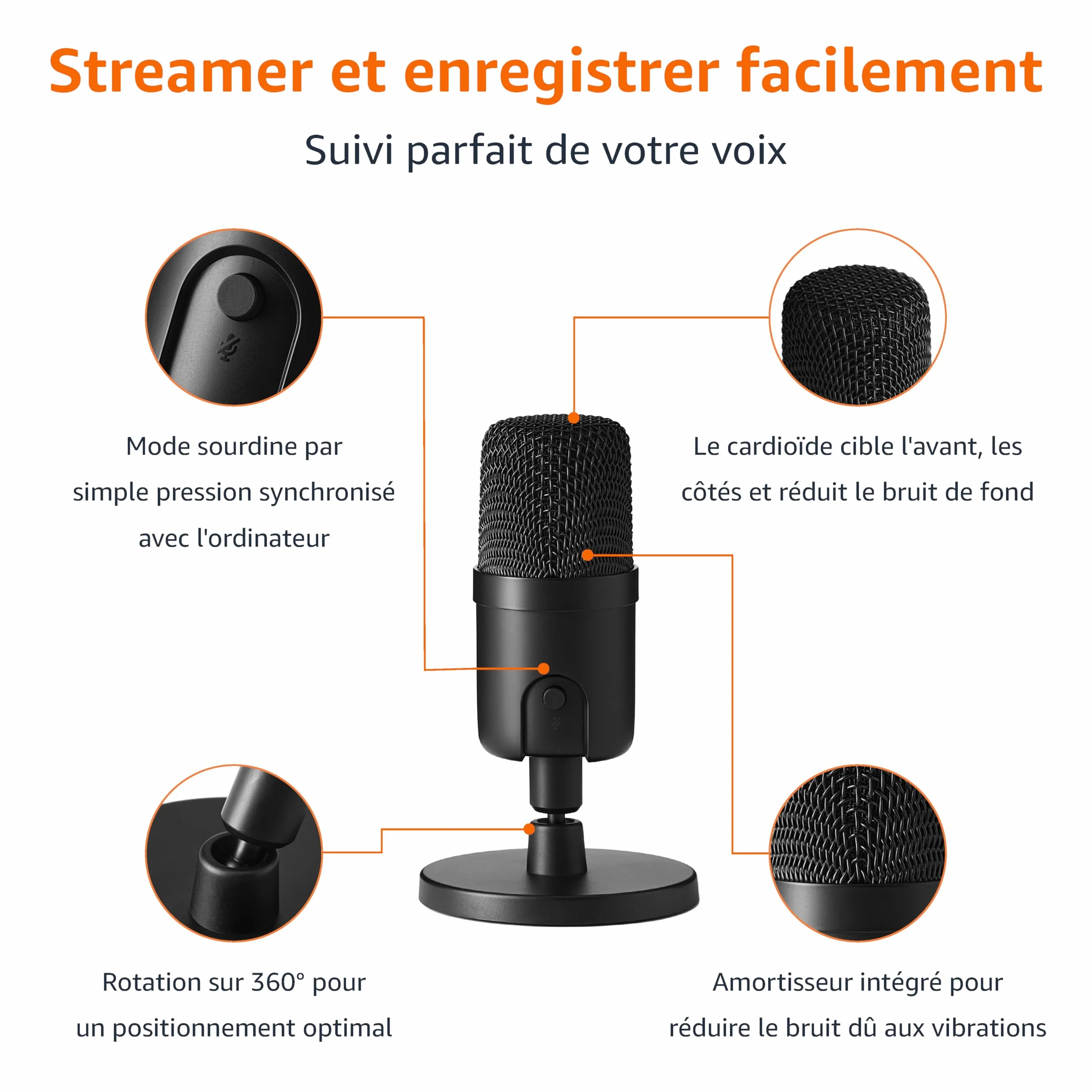 Amazon Basics Microphone à condensateur USB miniature cardioïde pour streaming jeux podcasting Noir 5.8 x 3.4 inches