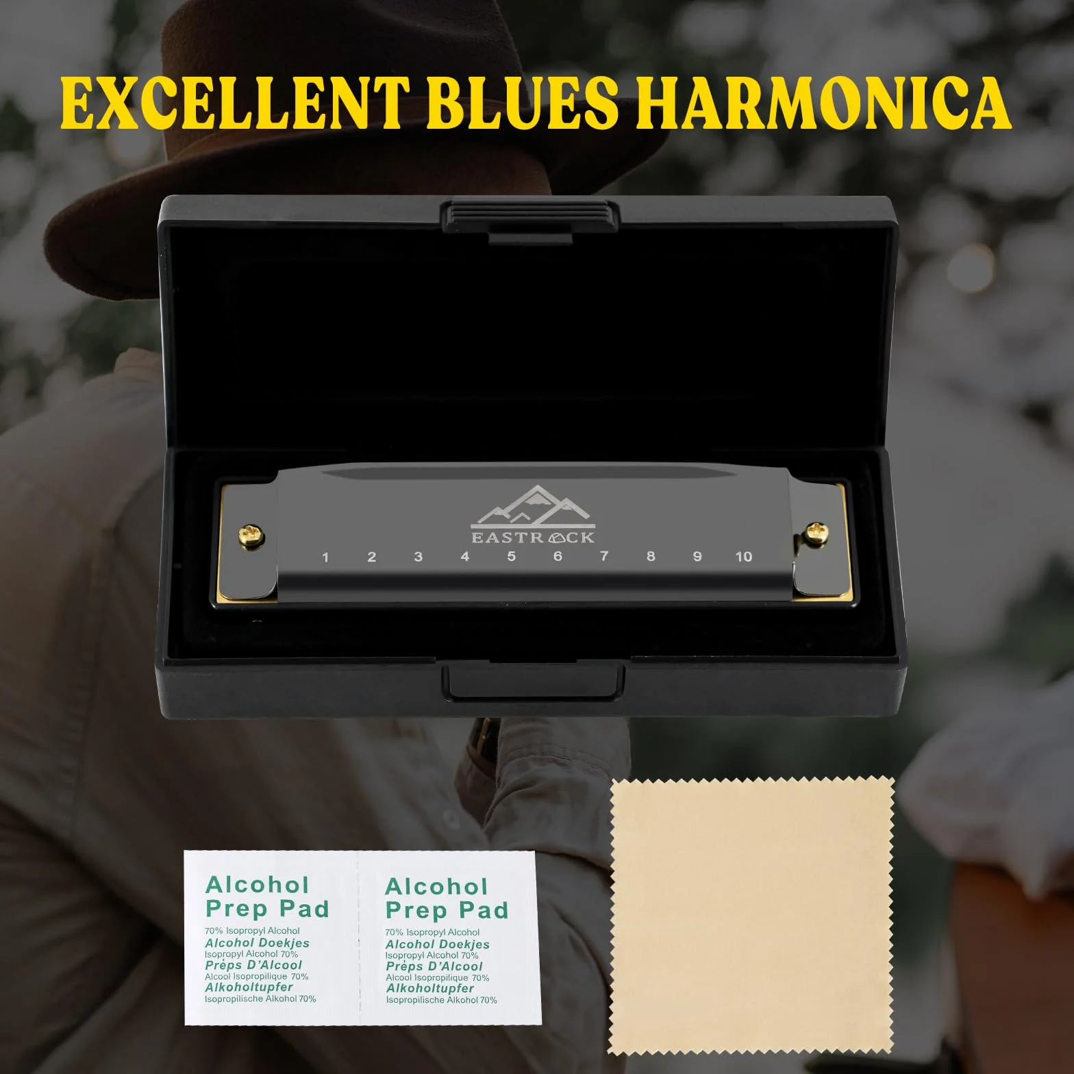 EastRock Harmonica à bouche 10 trous en sol diatonique avec étui