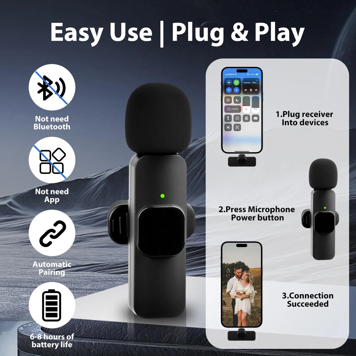 Micro Cravate sans Fil pour iPhone 17 16 15 Android et Ordinateur, Mini Micro Smartphone avec Réduction du Bruit, Microphone Bluetooth Clip-on Lavalier pour Enregistrement Vidéo/Vapeur en Direct
