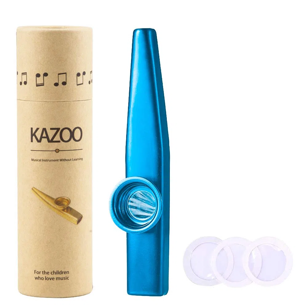 WANDIC Kazoo, Kazoo en alliage d'aluminium léger et 3 diaphragmes à flûte à membrane, Kazoos avec boîte-cadeau vintage, bleu