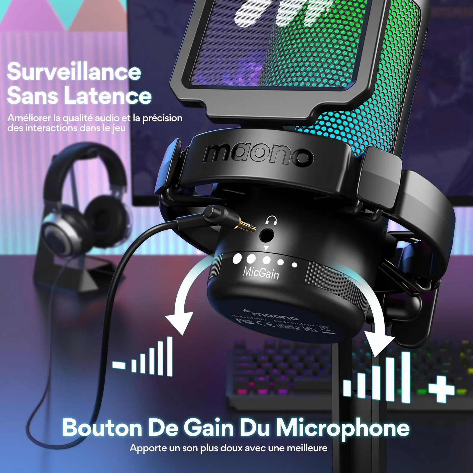 MAONO DGM20 Micro Gaming RGB, Condensateur Microphone USB Antibruit pour Streaming Podcast Studio avec Éclairage RGB Contrôlable