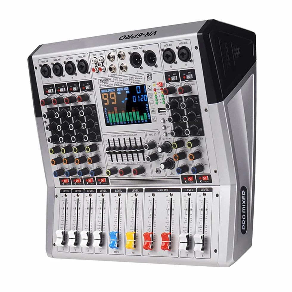 VR-6 PRO Table de mixage audio - Amplificateur de sortie haute puissance 550W x 2, 99 effets DSP, Console DJ audio Bluetooth, Grand écran spectre affichage, Tuner DJ à réduction intelligente