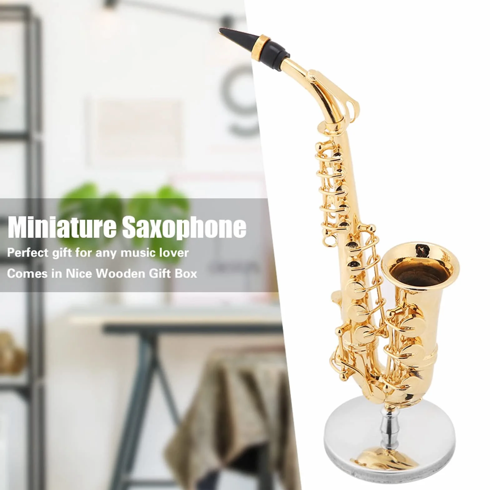 Fyearfly Saxophone Alto Miniature Plaqué Or avec Support et Étui, Cadeau Décoration Maison