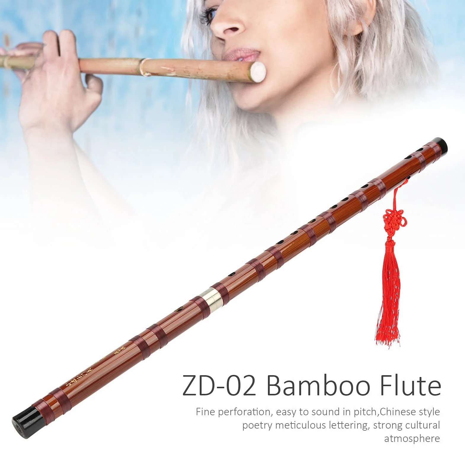 Flûte en bambou ZD-02 avec poèmes chinois pour performance en plein air