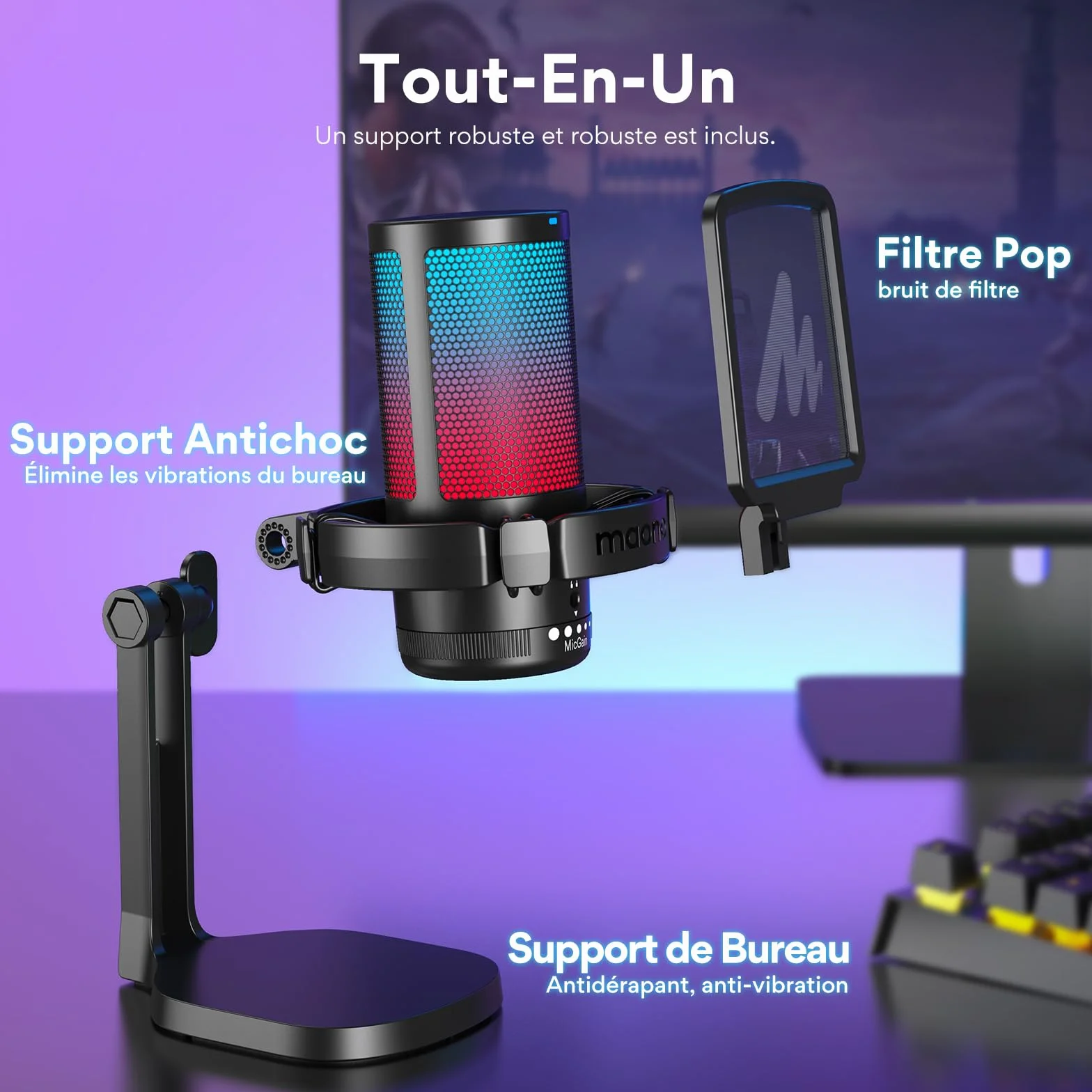 MAONO DGM20 Micro Gaming RGB, Condensateur Microphone USB Antibruit pour Streaming Podcast Studio avec Éclairage RGB Contrôlable