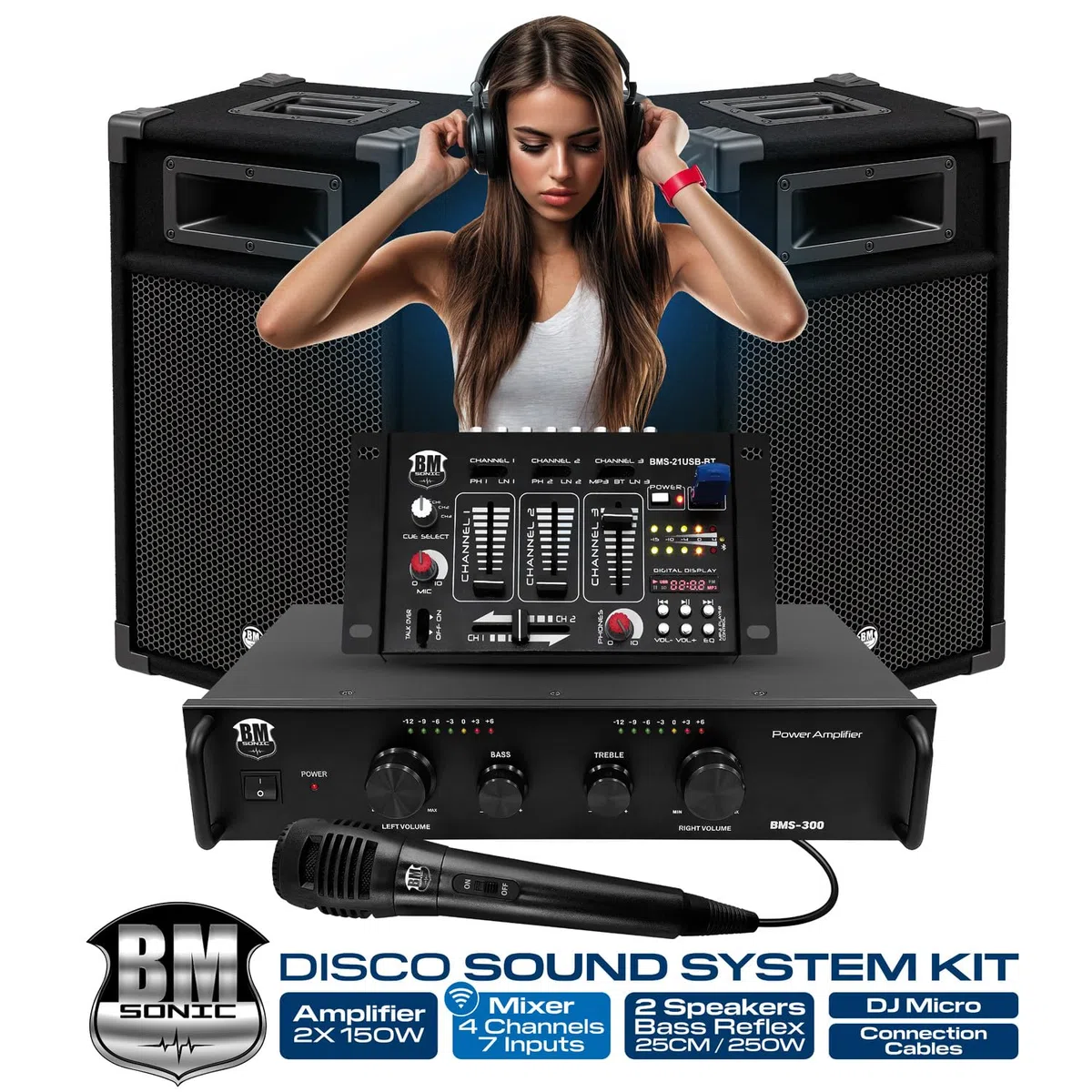 Kit Sonorisation 300W Bm Sonic BMS-DJ300-USB-BT Initiation DJ Enceintes Ampli Table de Mixage Bluetooth USB, Microphone Câblages