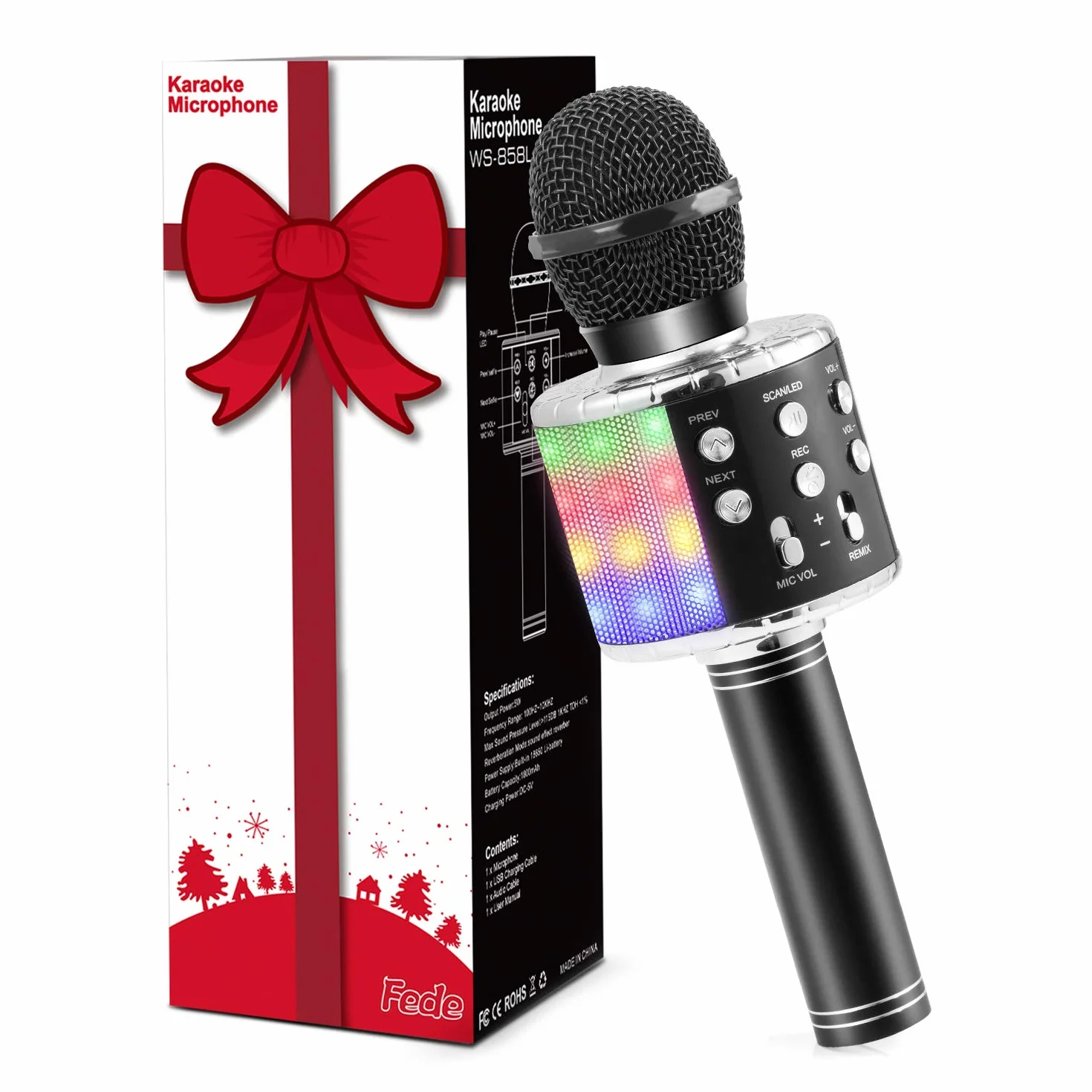 Fede Microphone Karaoké sans Fil Bluetooth LED Multicolore Portable Haut-Parleur pour Enfants Adultes Chanter Compatible Android iOS PC