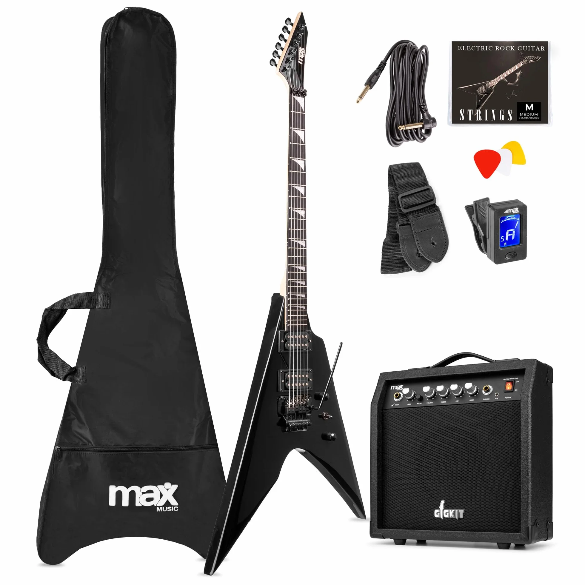 Max Pack Guitare Électrique Style V avec Ampli 40 Watts et Nombreux Accessoires, Housse, Accordeur, Cordes de rechange, Sangle, Câble 3m et Médiators, Kit Complet pour Bien Débuter - Noir