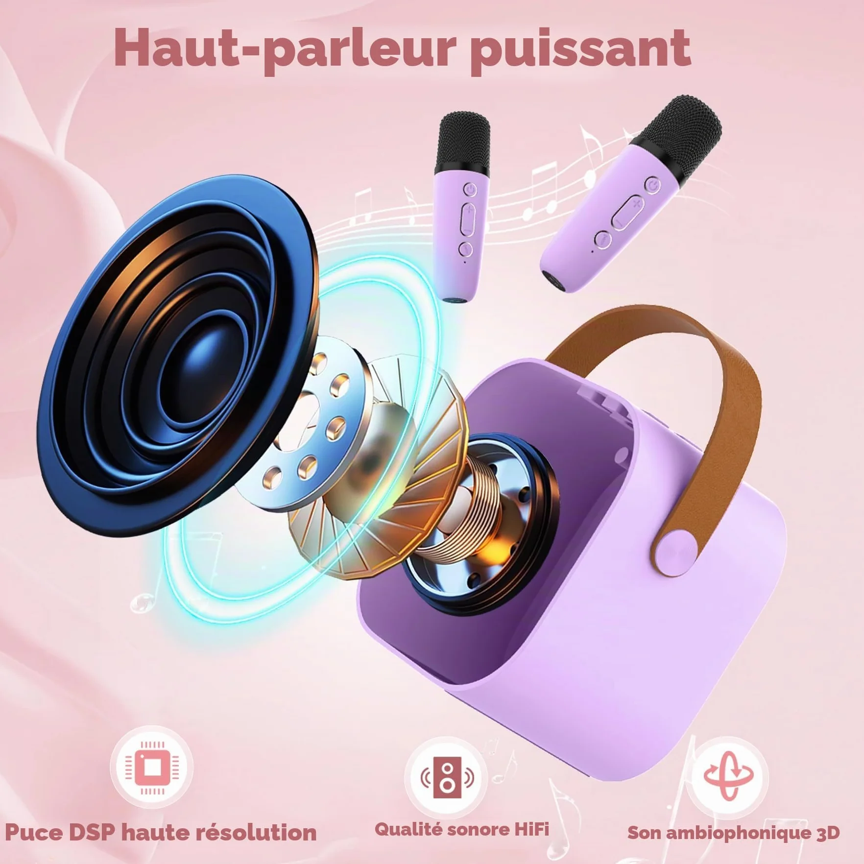Mini Machine de Karaoké pour Enfants et Adultes avec 2 Microphones sans Fil, Cadeau Anniversaire Filles 6-12 Ans, Violet