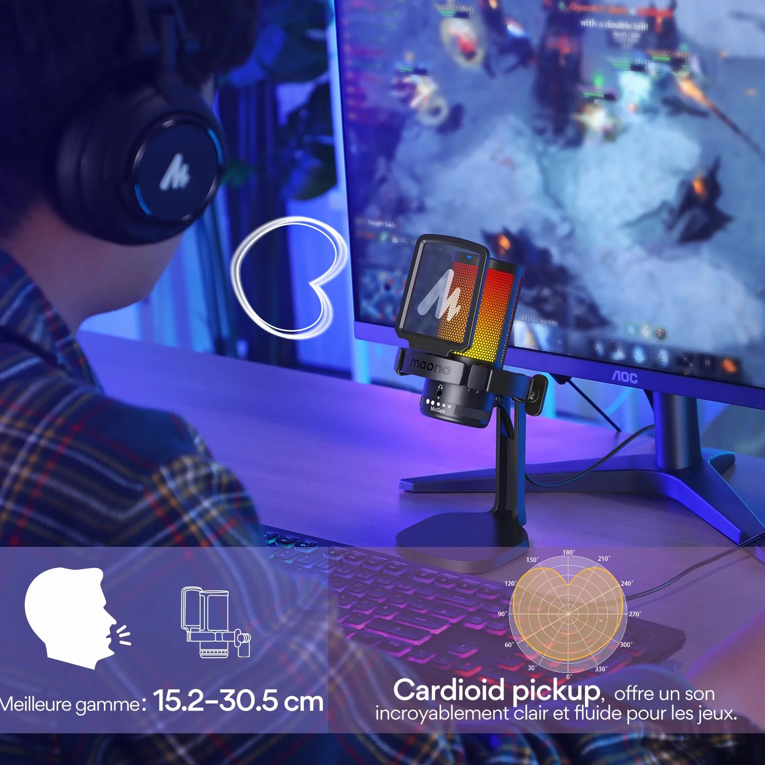 MAONO DGM20 Micro Gaming RGB, Condensateur Microphone USB Antibruit pour Streaming Podcast Studio avec Éclairage RGB Contrôlable