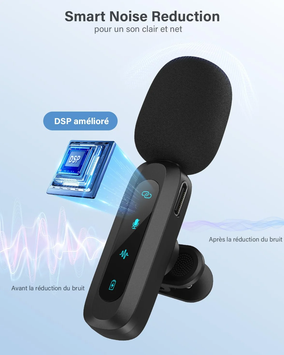 Microphone Lavalier sans Fil 2-Pack pour iPhone iPad Android avec Réduction du Bruit
