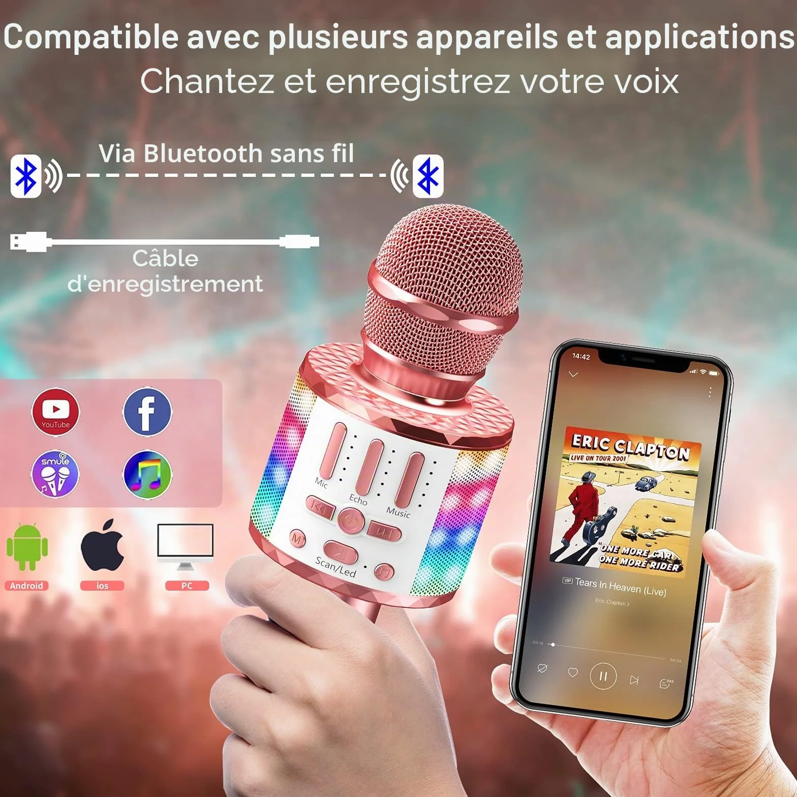 Microphone Sans Fil Bluetooth Portable Karaoké Micro Haut-Parleur avec Lumière pour Enfants Adultes