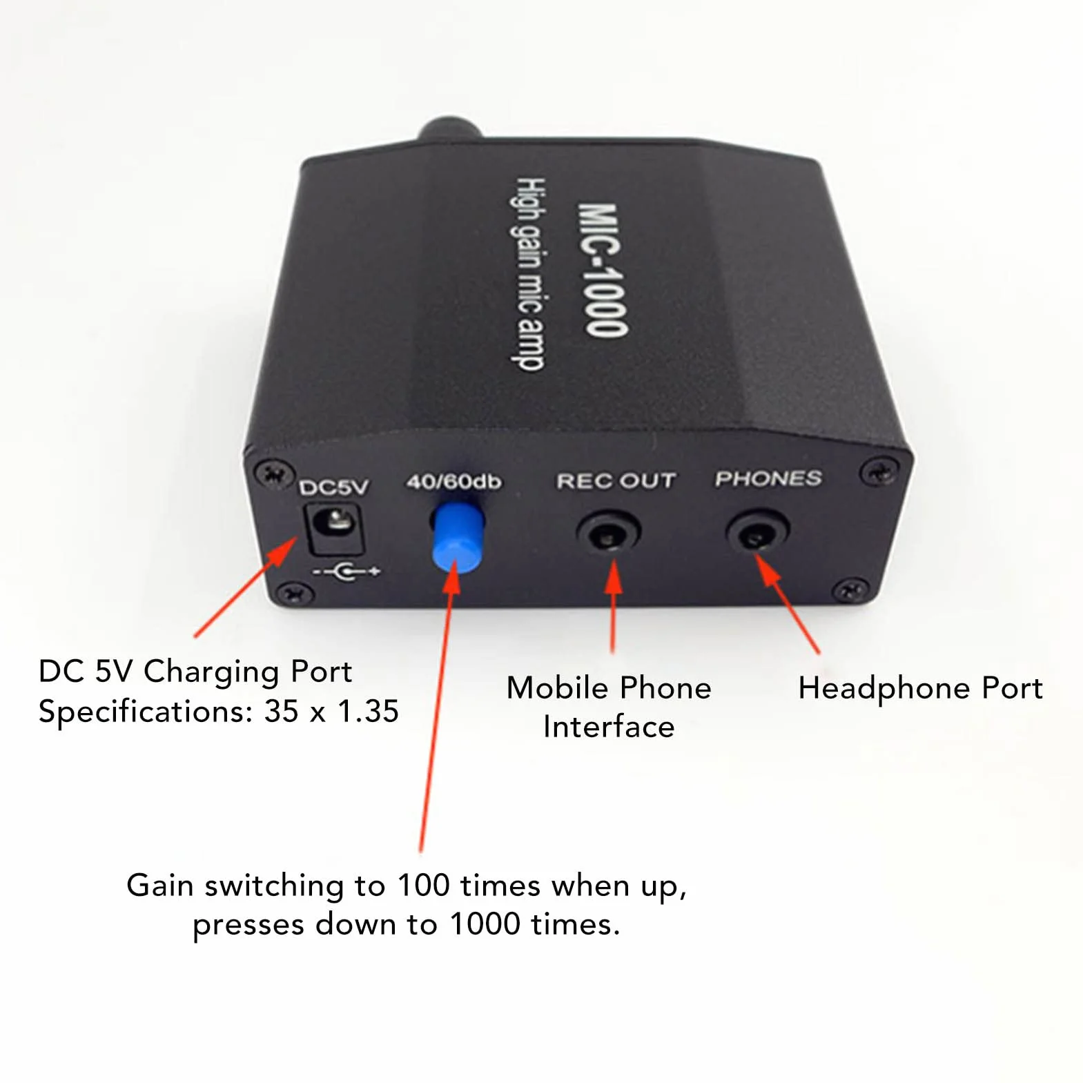 Amplificateur de Microphone Préampli à Gain élevé 1000 Fois 3,5 mm pour Musiciens Podcasters