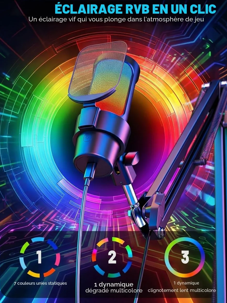 Anykuu Microphone Condensateur Cardioïde 192 kHz/24 Bits avec Bras Articulé, RVB pour Streaming Gaming Podcast PC Mac PS4/PS5
