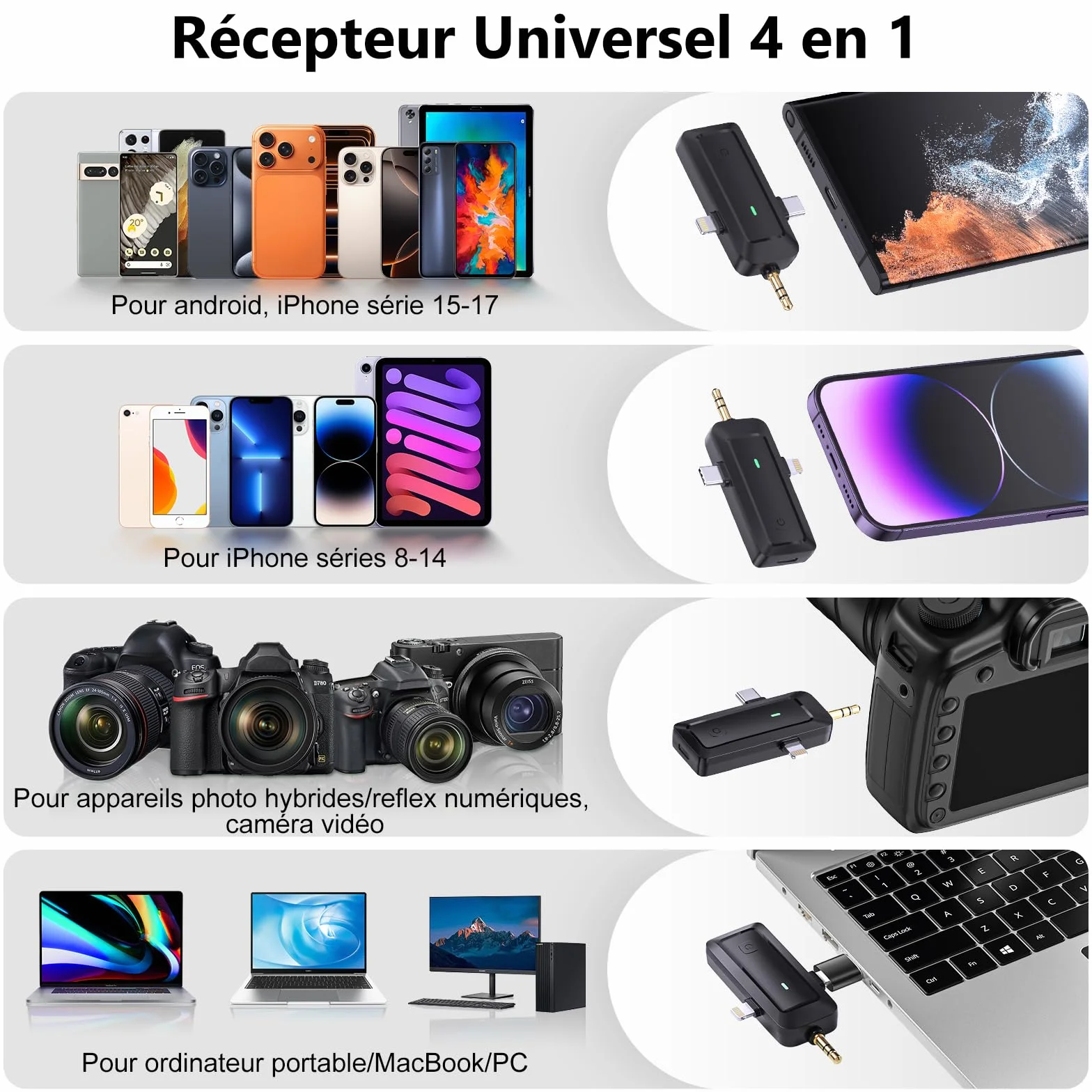 Micro Cravate sans Fil 4 en 1 pour iPhone Téléphone Caméra Ordinateur - Mini Microphone à Pince avec Filtres Anti-Pop pour Enregistrement Vidéo