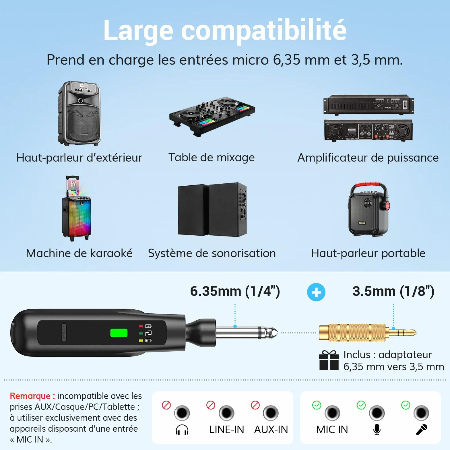 TONOR Microphones Dynamiques sans Fil 2.4GHz Rechargeables, Système Double Micro à Main avec Récepteur, Autonomie 30H pour Karaoké