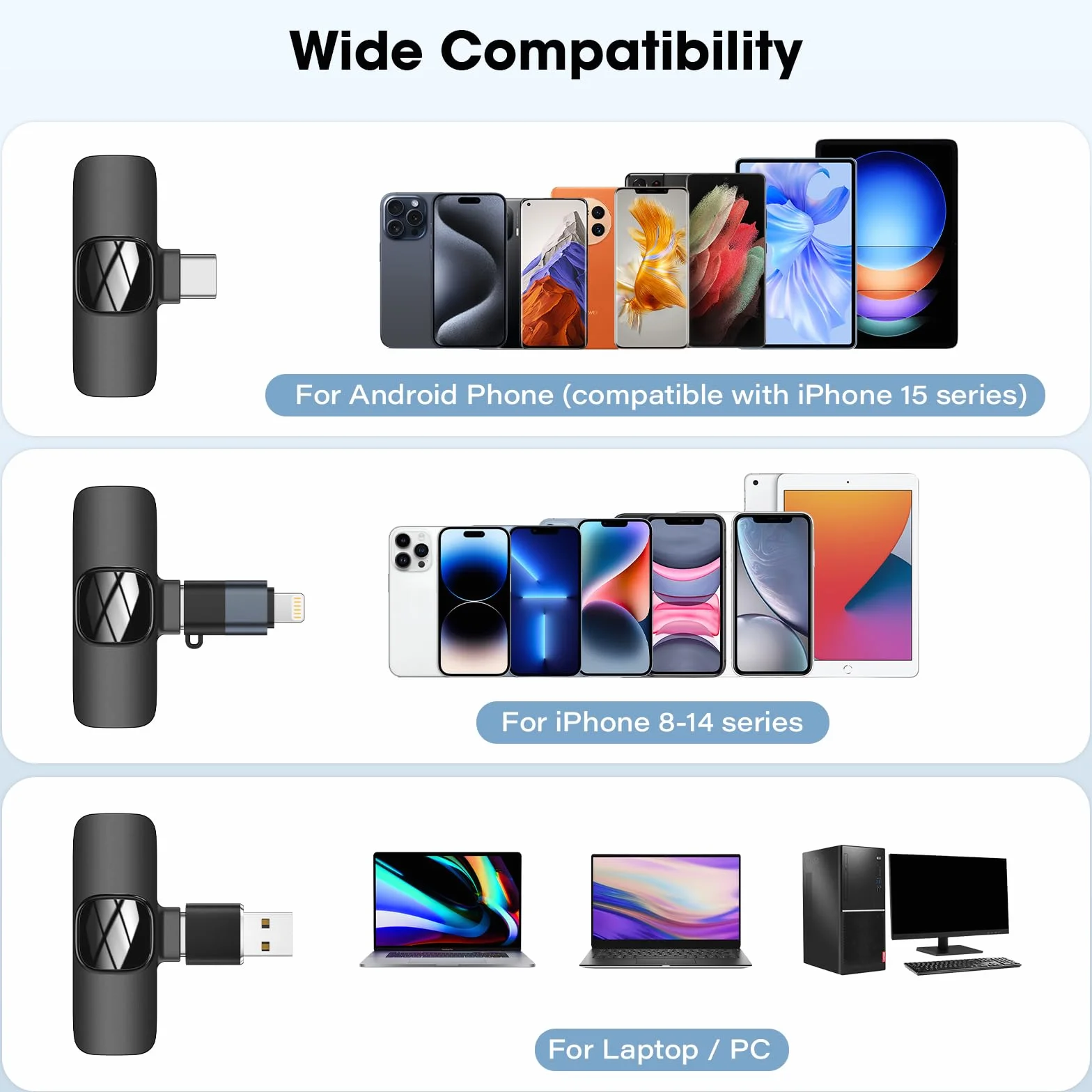 Micro Cravate sans fil USB C pour iPhone Android PC, Réduction du bruit, Clip Plug-Play pour Enregistrement Vidéo Vlogging