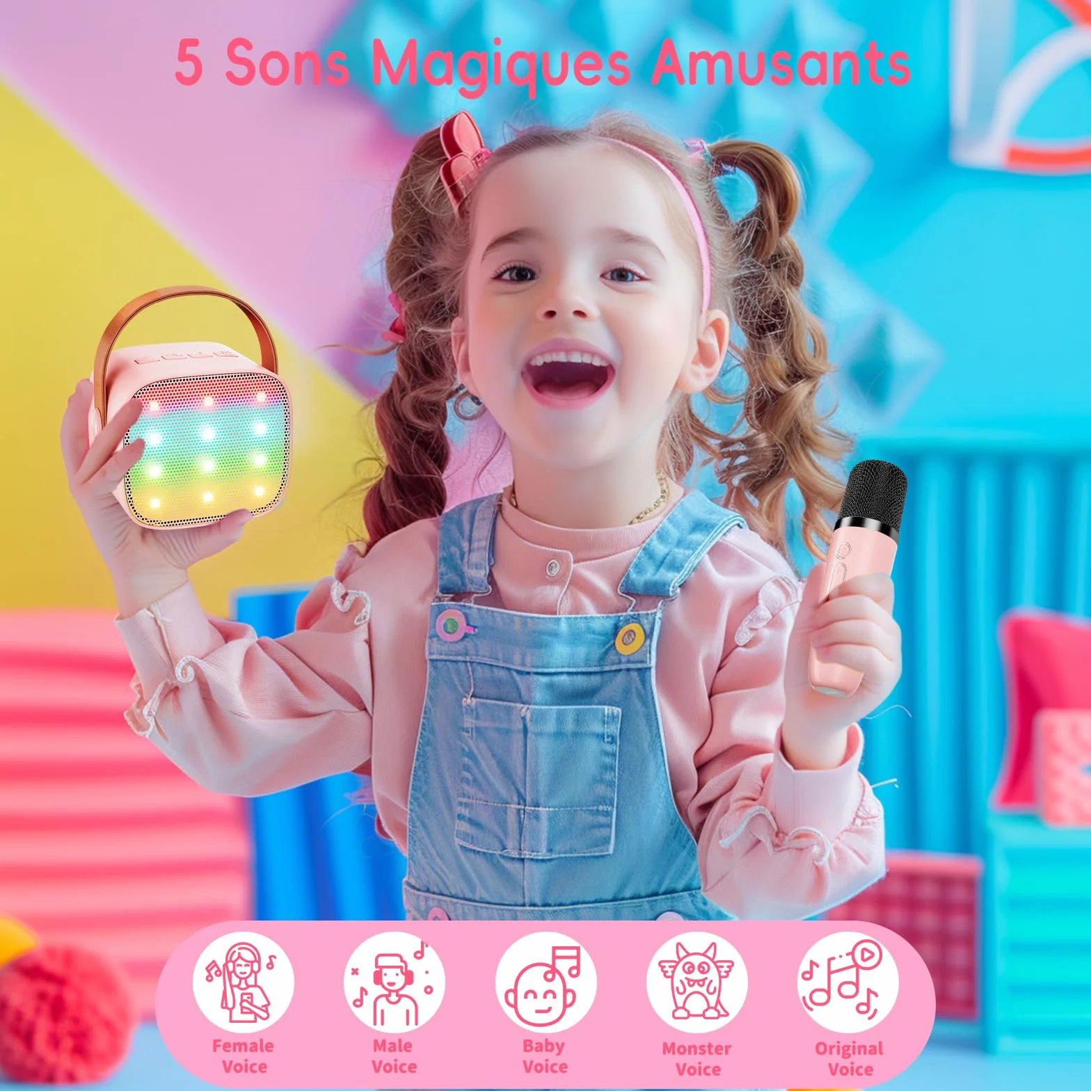 Ankuka Karaoke Enfants avec 2 Micro sans Fil Portable, Voix Change LED Lumière HiFi Mini Microphone Rose