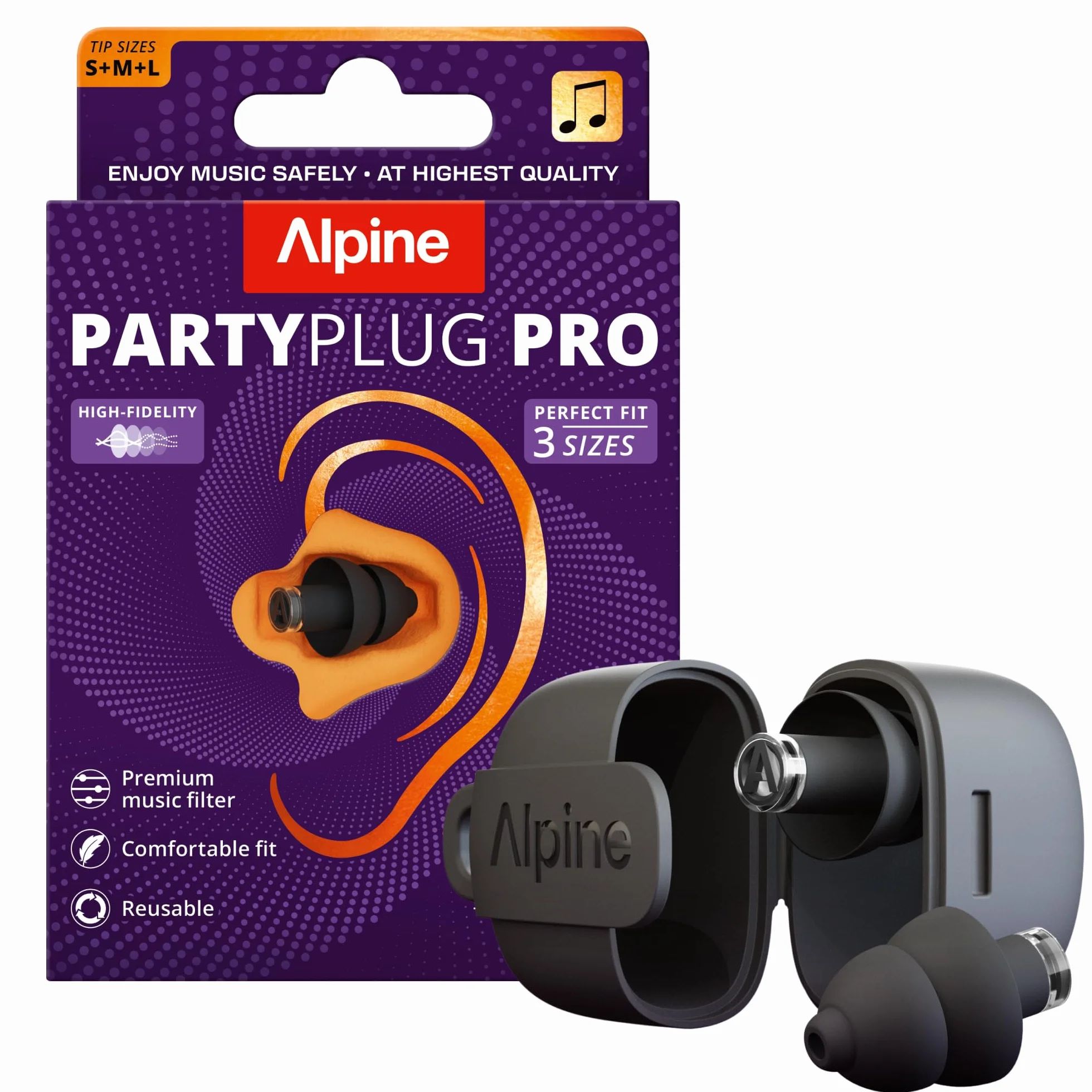 Alpine PartyPlug Pro Bouchons d'Oreilles Hi-Fi Protection Auditive 21dB 3 Tailles Noir