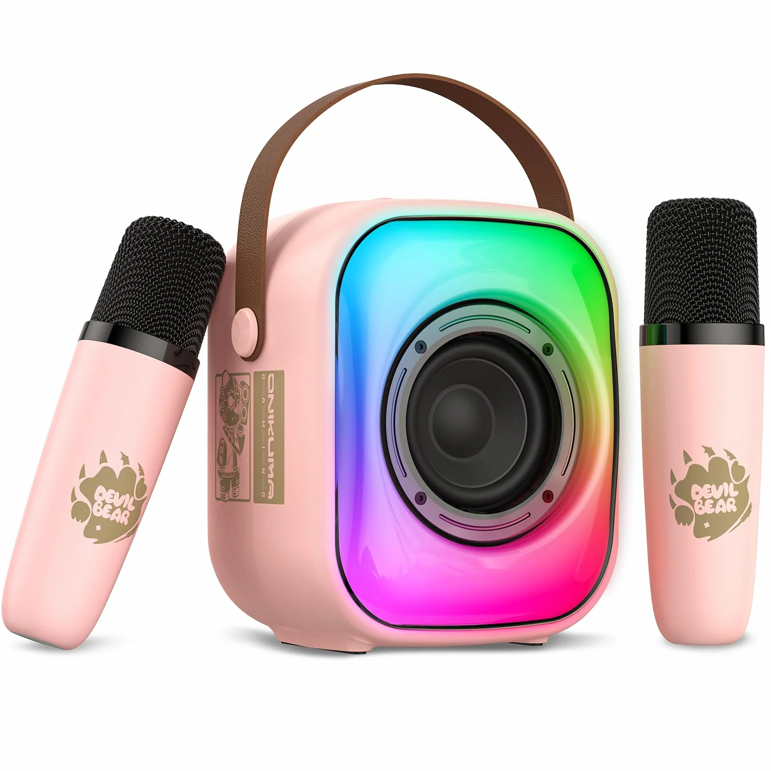 PHNIXGAM Mini Machine de karaoké Bluetooth avec Deux Microphones sans Fil et LED Rose