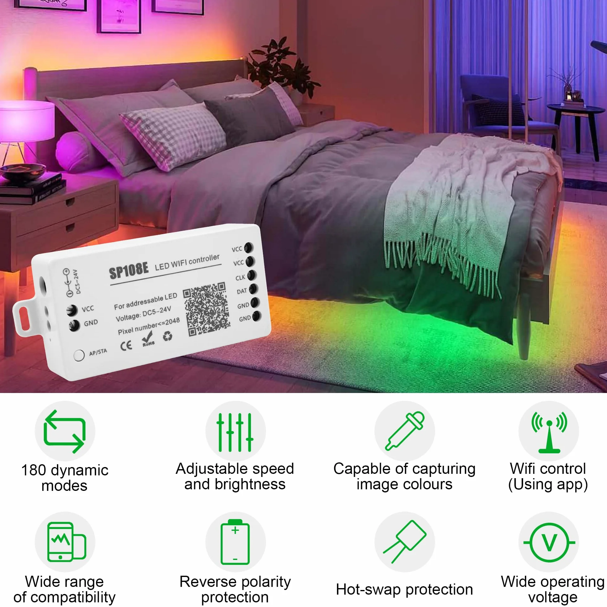 VIPMOON SP108E Contrôleur LED WIFI DC 5V-24V pour Bande LED SK6812 WS2812 WS2813 WS2815 AL2815