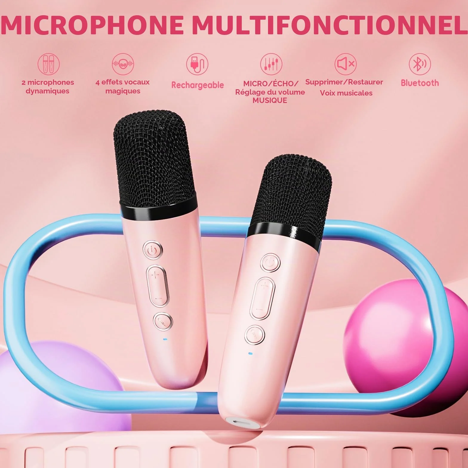 Ankuka Karaoke Enfants avec 2 Micro sans Fil Portable, Voix Change LED Lumière HiFi Mini Microphone Rose