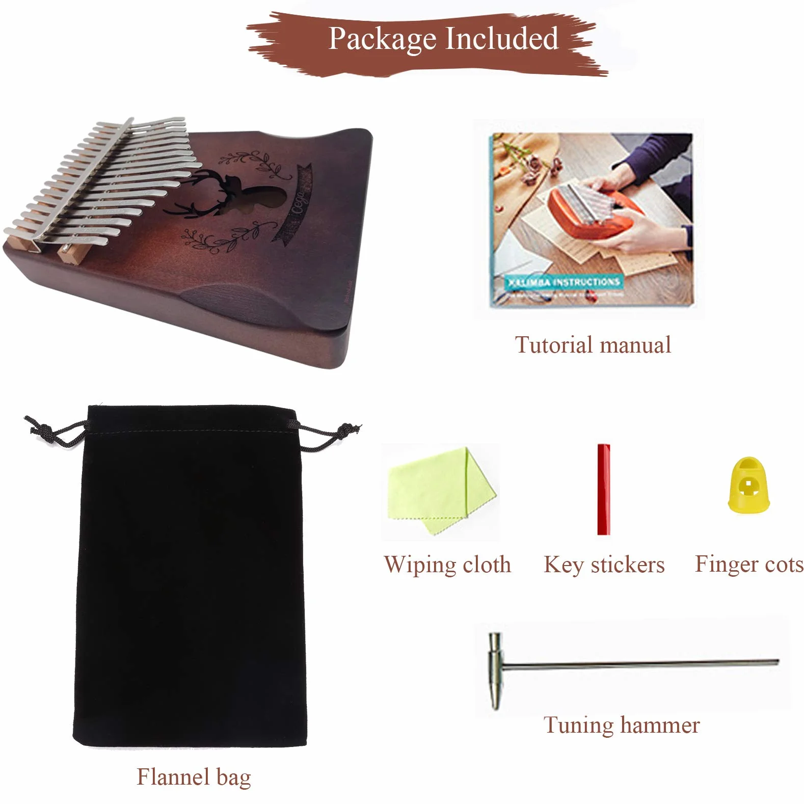 Kalimba 17 Clés Pouce Piano, bois Acajou, avec marteau d'accordage et sac portable, pour débutants