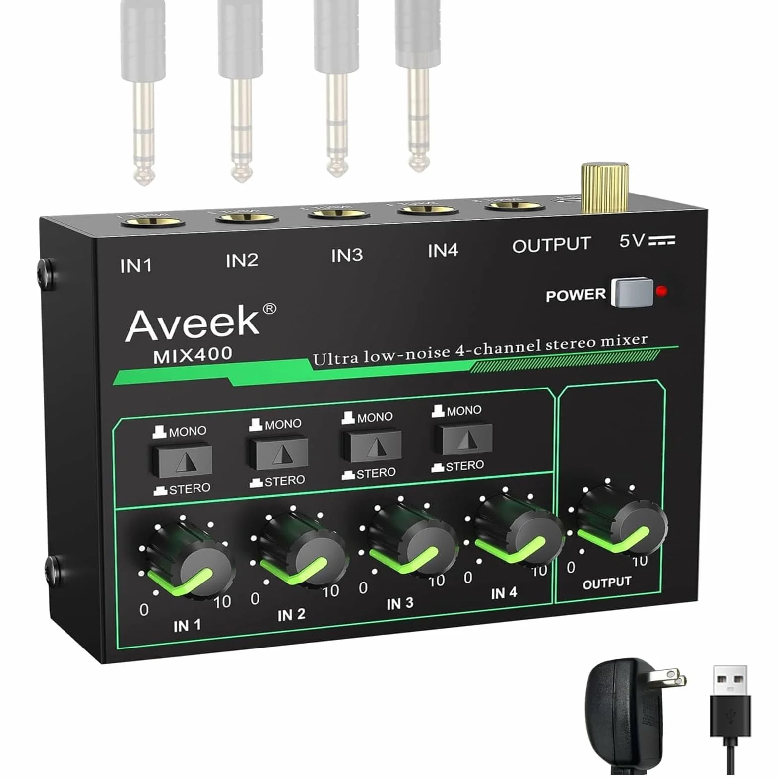 Aveek Mini Line Mélangeur audio 4 canaux stéréo/mono entrée/sortie TRS 6,35 mm