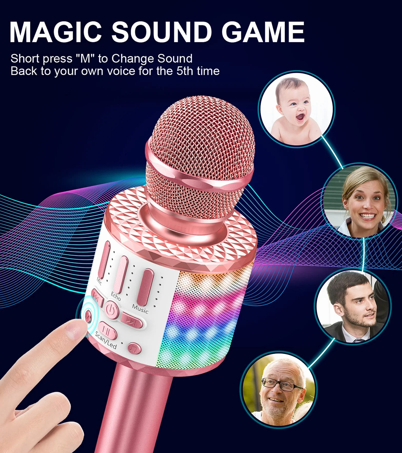 Micros sans Fil Karaoké Bluetooth avec Lumière Scène, Haut-Parleur Portable pour Fête Chanter Disco KTV