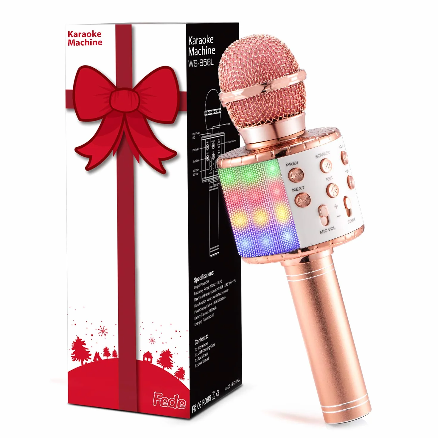 Fede Microphone Karaoké sans Fil Bluetooth LED Multicolore Portable Haut-Parleur pour Enfants Adultes Chanter Compatible Android iOS PC