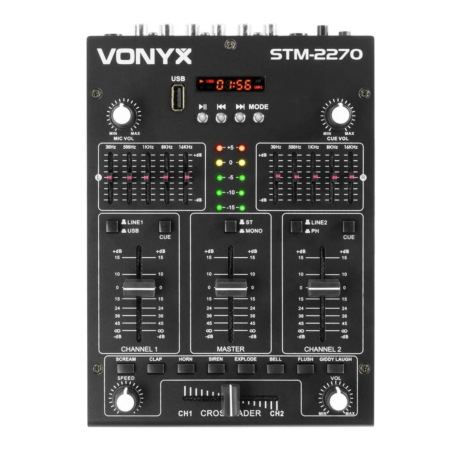 Vonyx STM2270 Table de Mixage DJ 4 Canaux, Entrée USB, Bluetooth, 8 Effets sons Individuels, Equalizer 5 Bandes, Entrée Micro et Sortie Casque, Écran LCD
