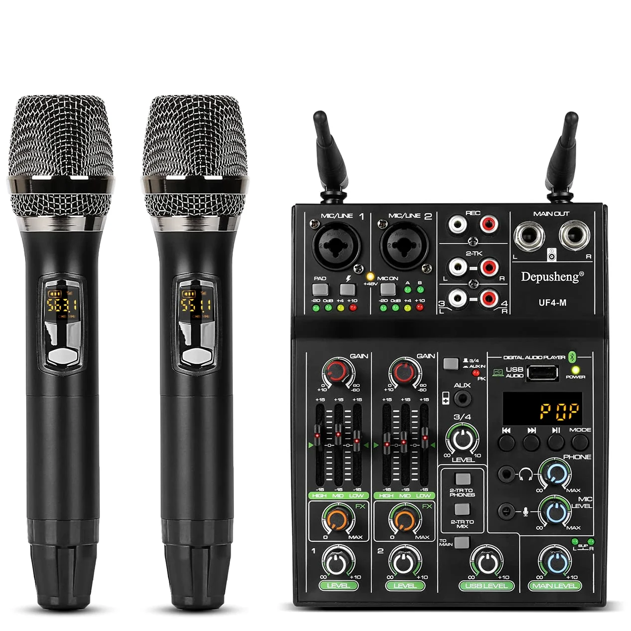 Depusheng UF4-M Table de Mixage Audio Studio - Console de Mixage DJ Numérique 4 Canaux Bluetooth Portable Professionnelle avec Microphone sans Fil